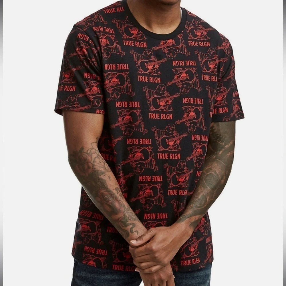 True Religion Buddha Mono Crew Neck Cotton T-shirt in Black/red Sz M